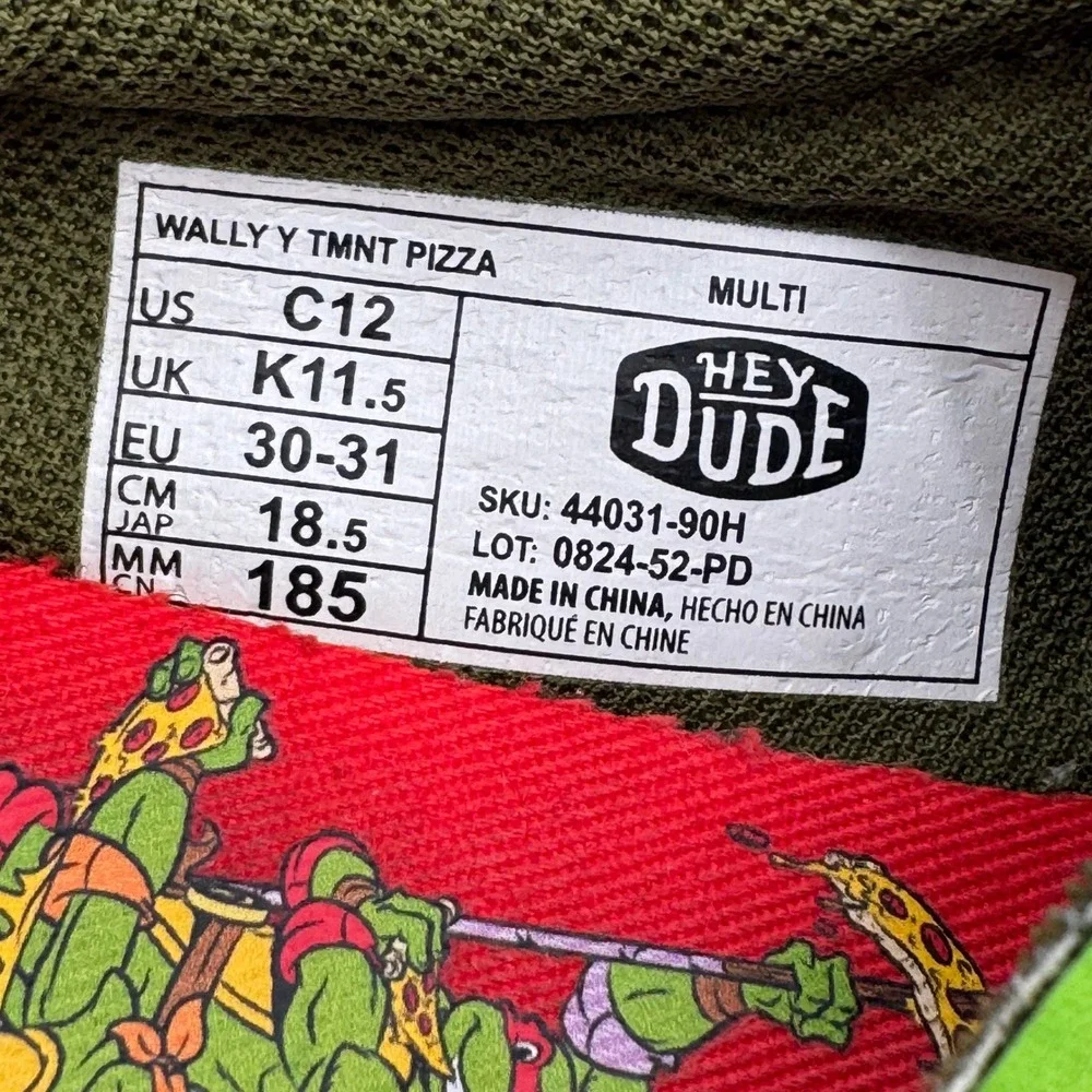 Hey Dude Wally TMNT Slip On Shoes Kids Size 12 Green Ninja Turtles Pizza Print